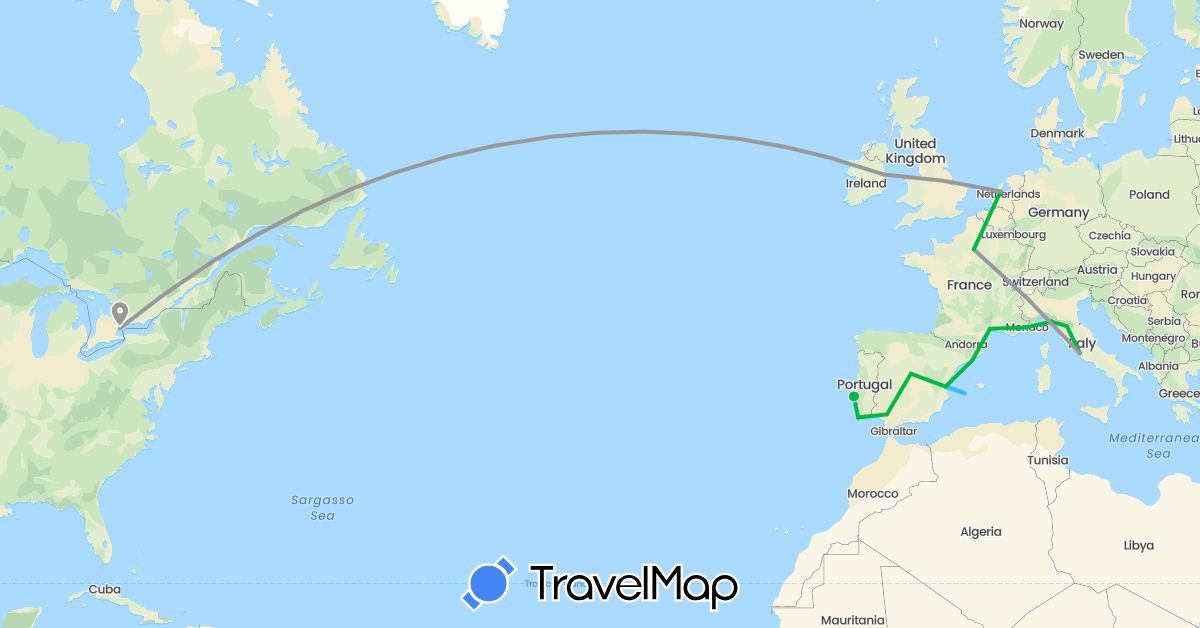 TravelMap itinerary: driving, bus, plane, boat in Canada, Spain, France, Ireland, Italy, Netherlands, Portugal (Europe, North America)